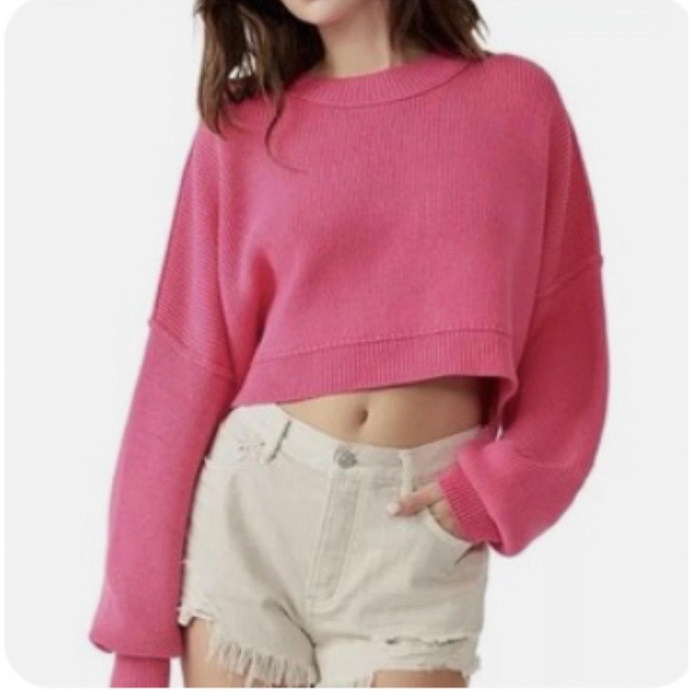Free People Cropped Ribbed Sweater Womens Size XS Pink Bell Sleeve Balletcore